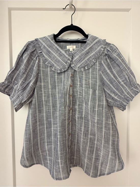Pilcro Tops - Pilcro Blue and White Striped Ruffle-Collar Button Down Top (Anthropologie)